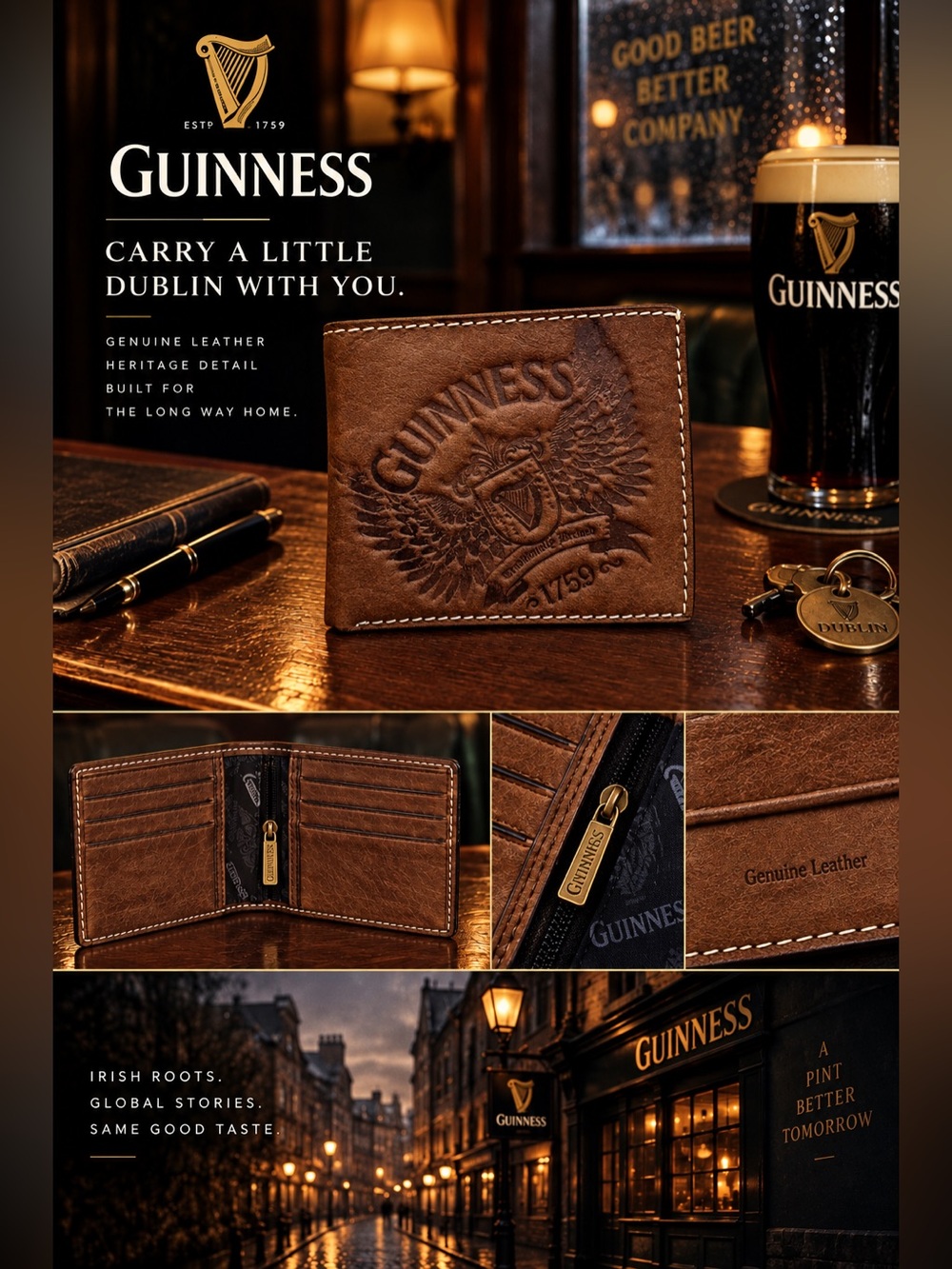 Guinness Brown Embossed Leather Wallet with Stitched Edge